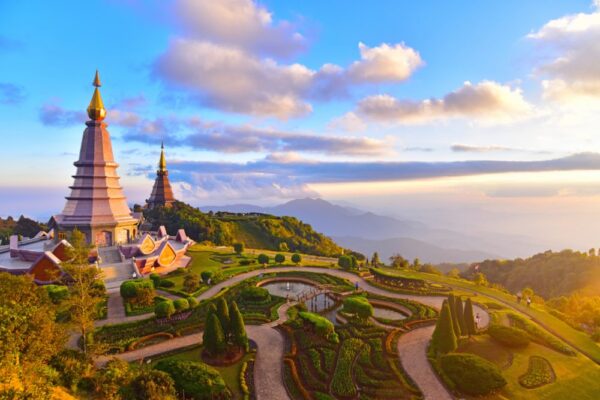 Twin royal pagodas standing on the ridge of Doi Inthanon in northern Thailand