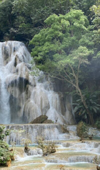 Turquoise water spilling over the limestone terraces of the Kuang Si waterfall