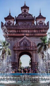 The Patuxai monument at the head of its boulevard in Vientiane
